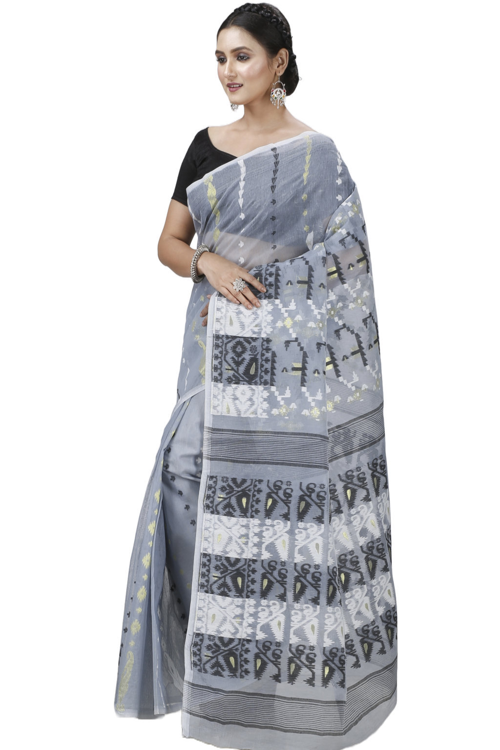 Grey Blended Cotton Jaya Jamdani Saree (1105)